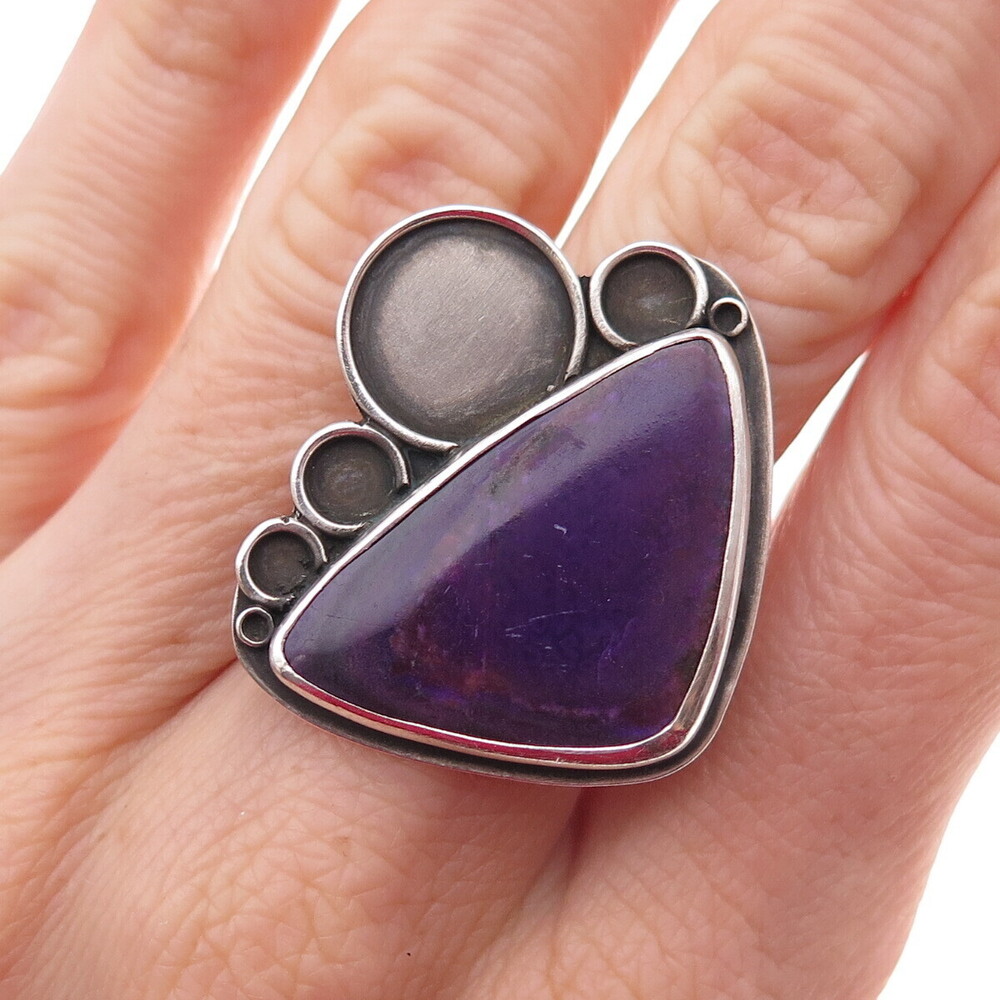 925 Sterling Silver Vintage Real Sugilite Modernist Oxidized Ring Size 7.75